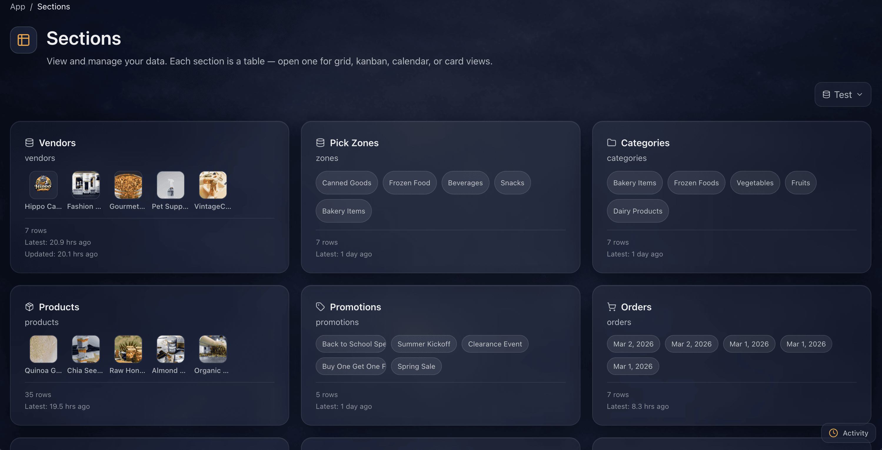 Sections: view and manage your data